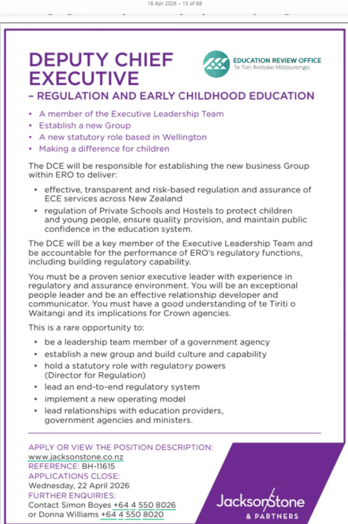 Education Review Office job advertisement for a director of regulation ECE 