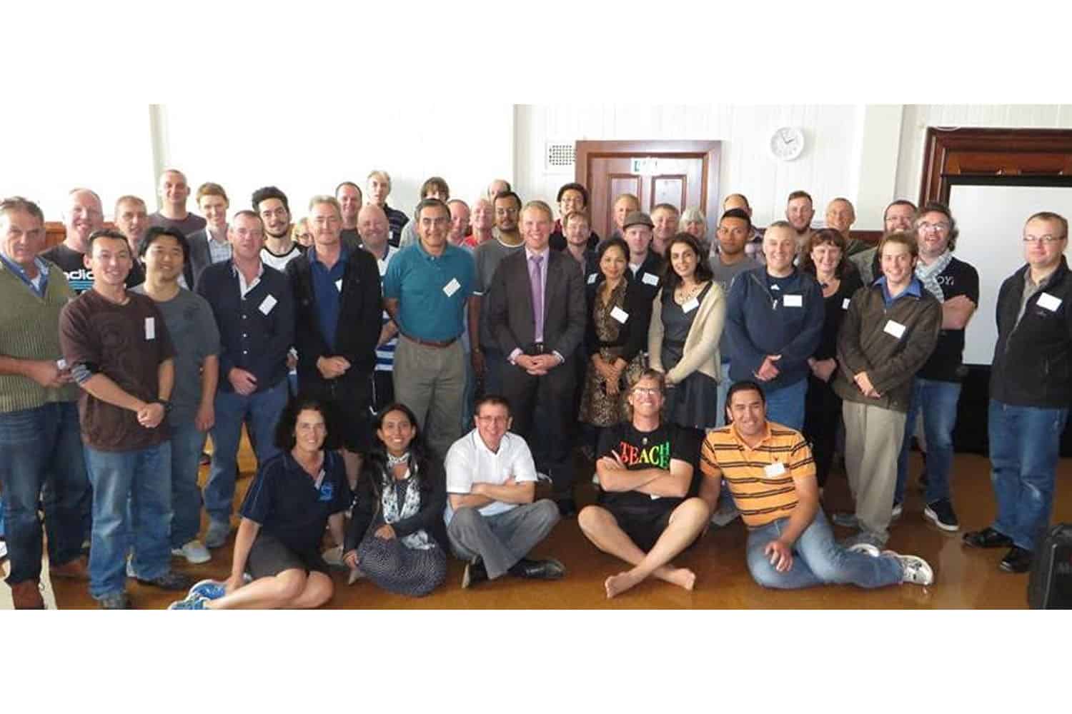 Men In Early Childhood Education National Summit. Minister Chris Hipkins standing centre. Dr Sarah Alexander (organiser) seated front left.