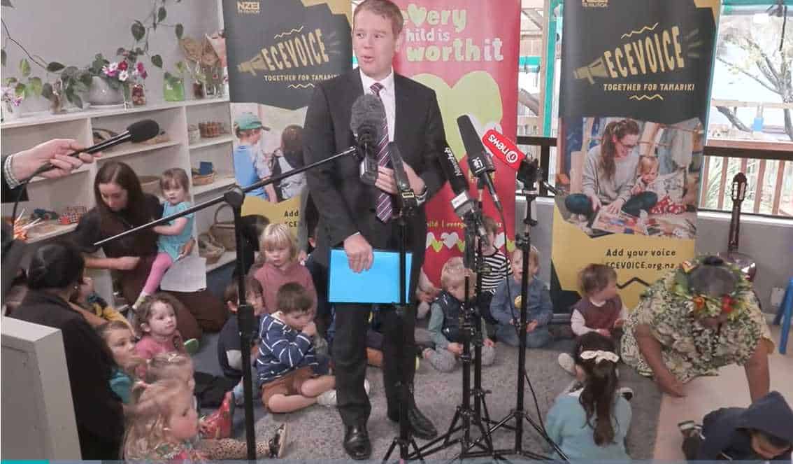Minister Chris Hipkins gives a press conference at an early childhood education centre