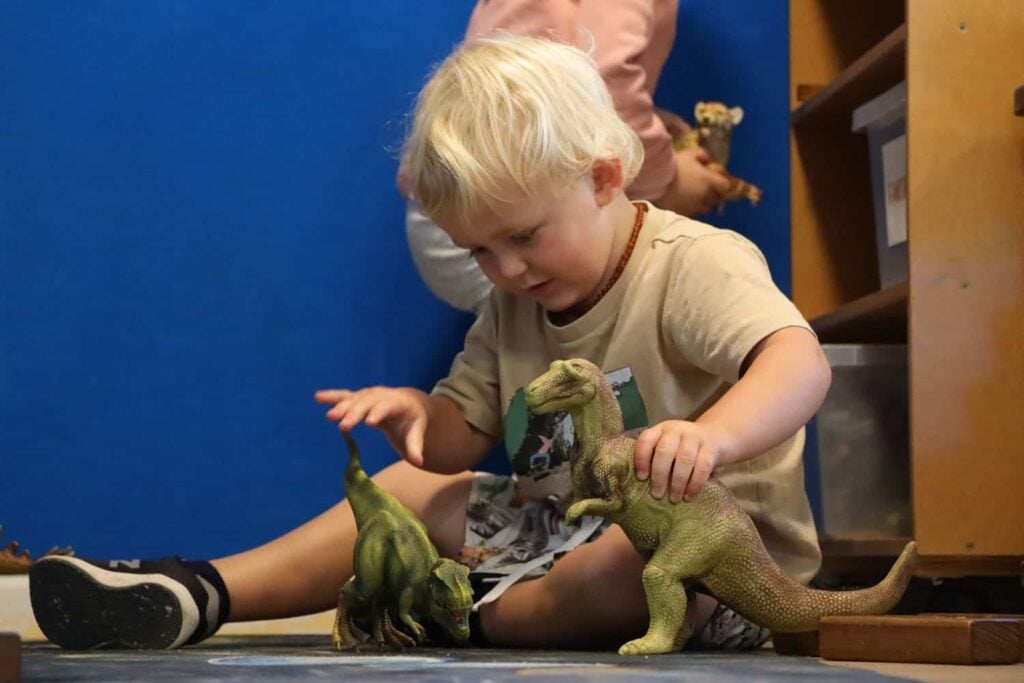 Child playing with toy dinosaurs while a girl looks on the shelves for more toy animals at their early childhood centre.