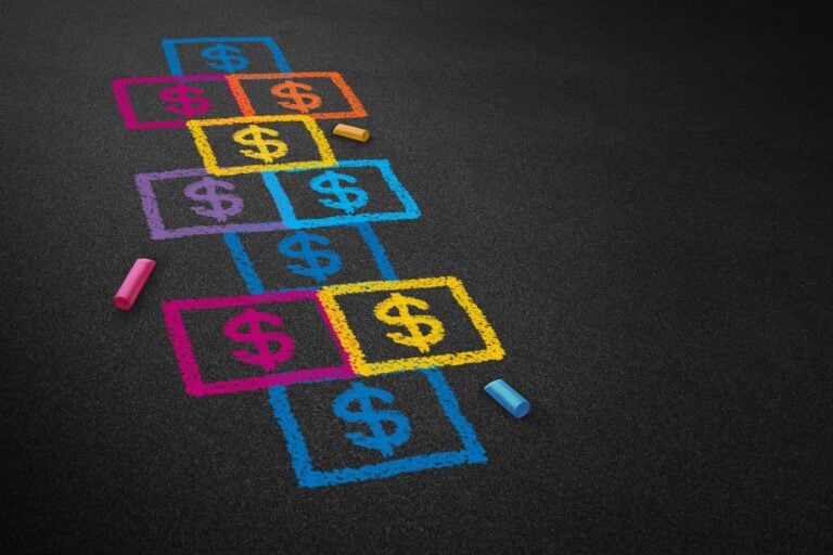 Dollar signs and hopscotch concept for money and financial matters in early childhood education NZ.