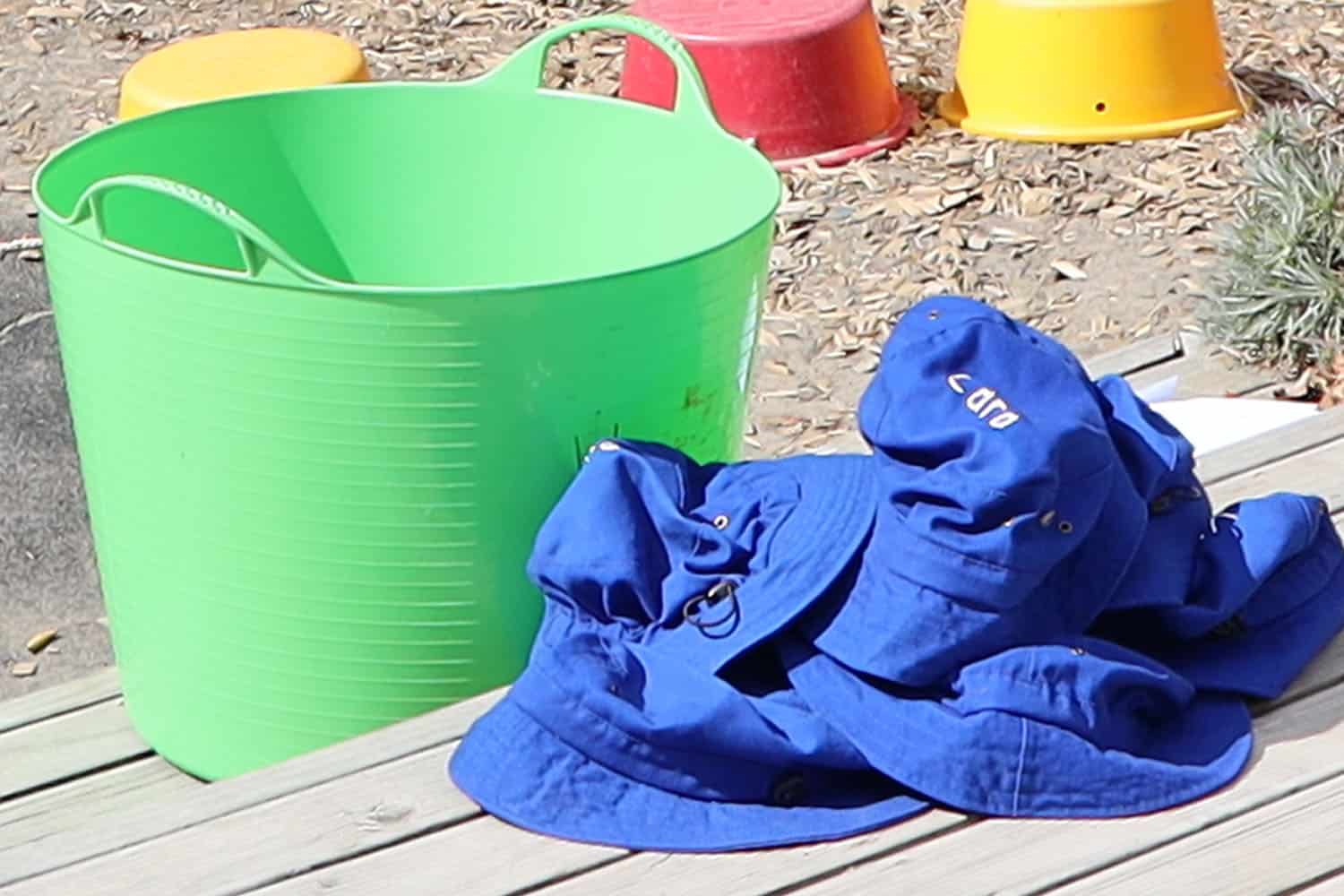 collection of sunhats children use when at preschool